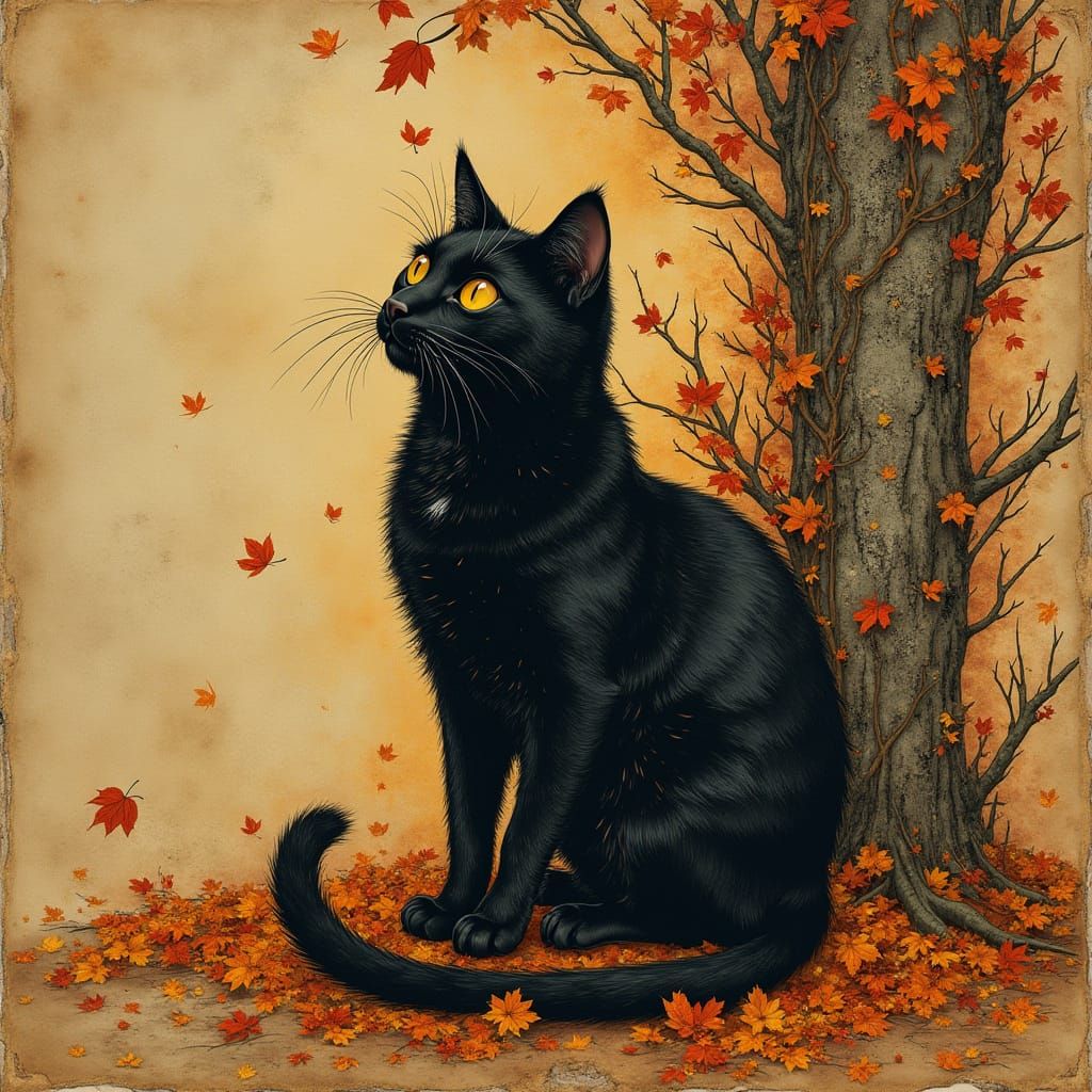 Black Cat in Autumnal Zentangle Dreamscape