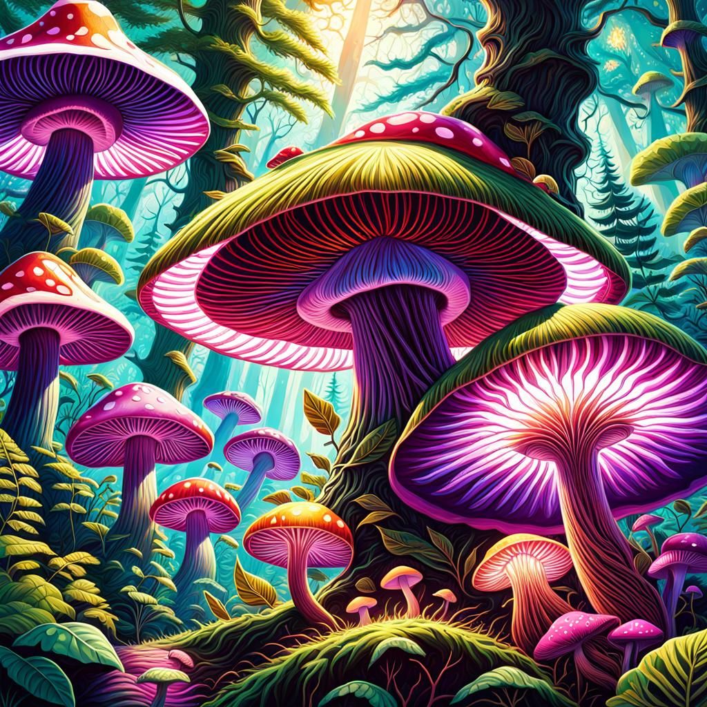 Mushroom Guardian in Vibrant Cosmic Forest