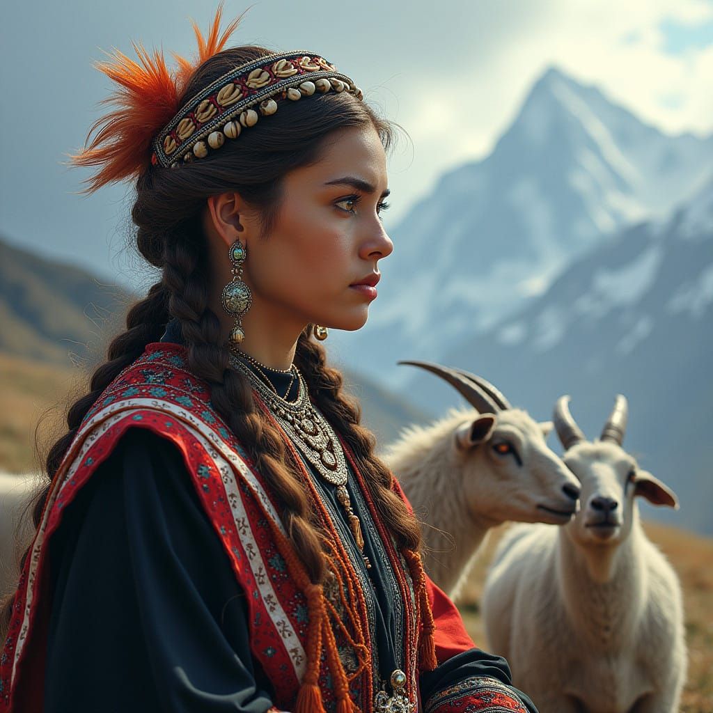 Kalash Goddess Krumai in Traditional Attire, Snow-Capped Pea...