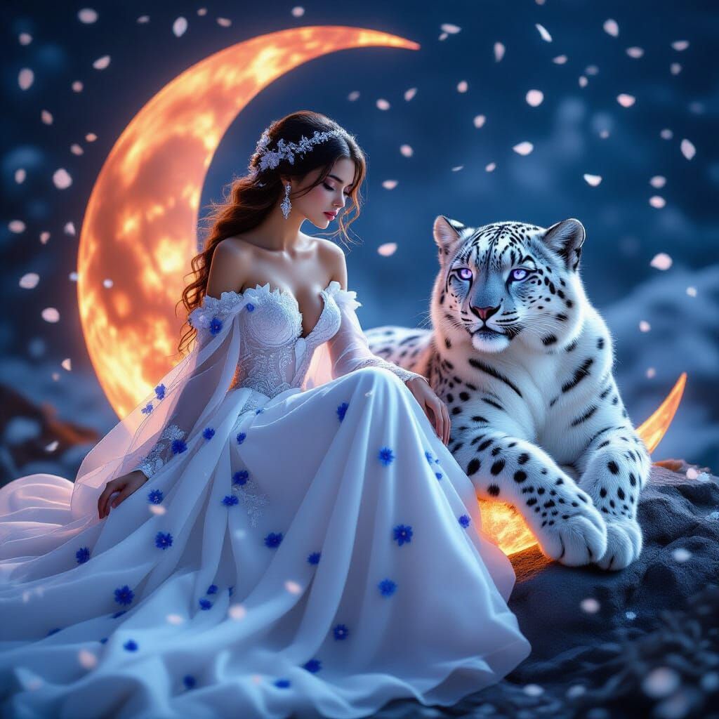 Ethereal Girl on Glowing Moon with Snow Leopard