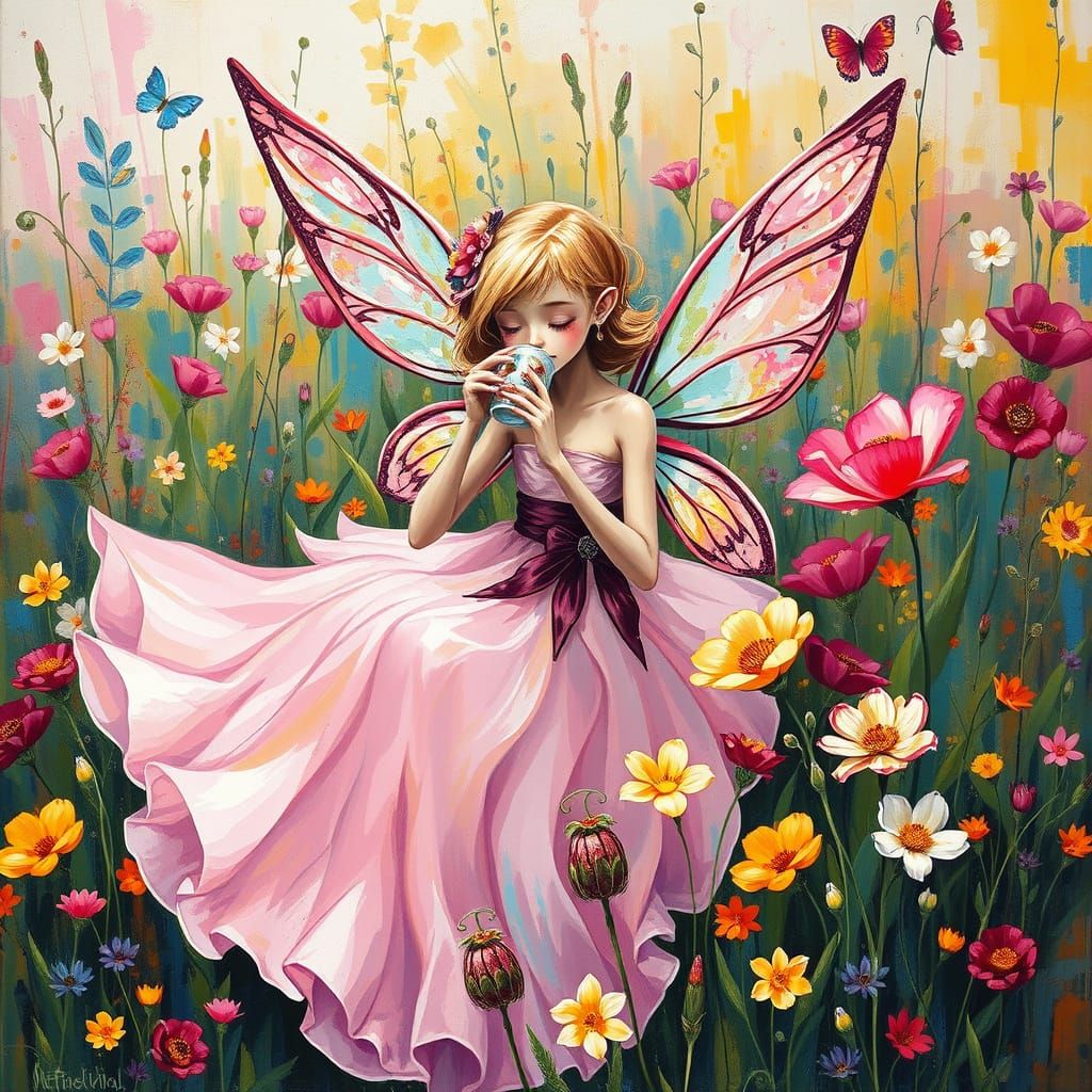 Fairy Sipping Tea in a Wildflower Meadow