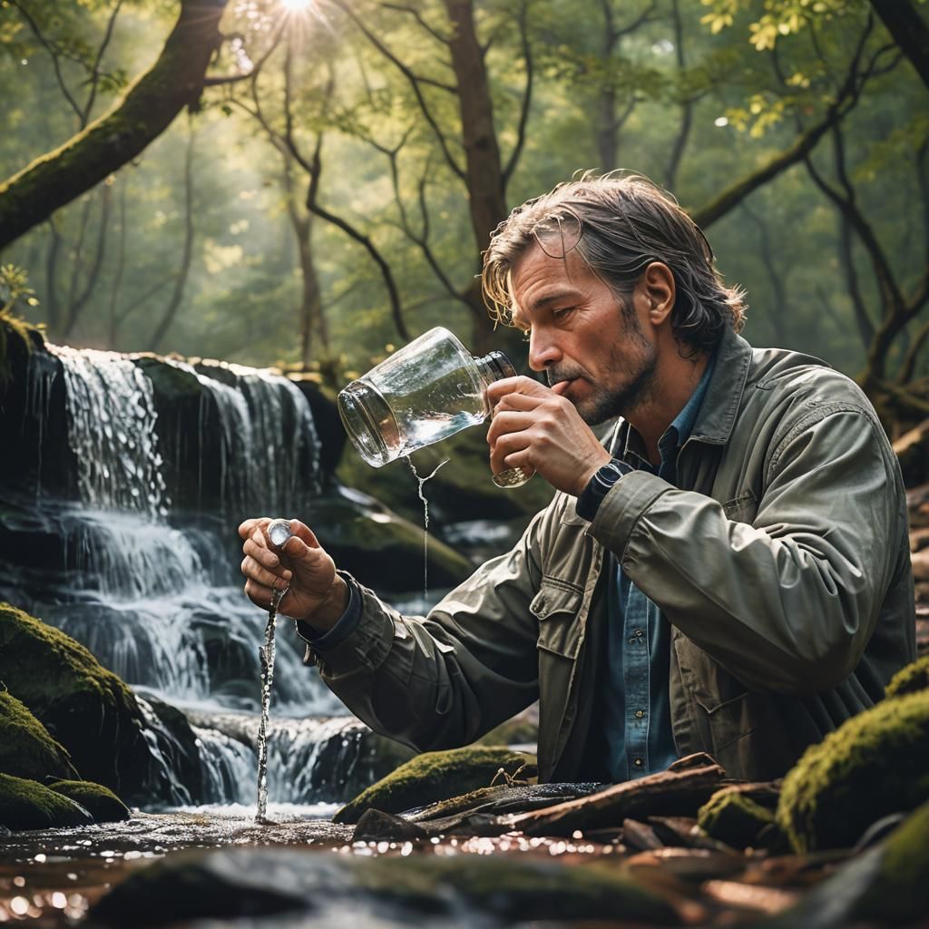 Wanderer Drinks From Waterfall in Photorealistic Landscape