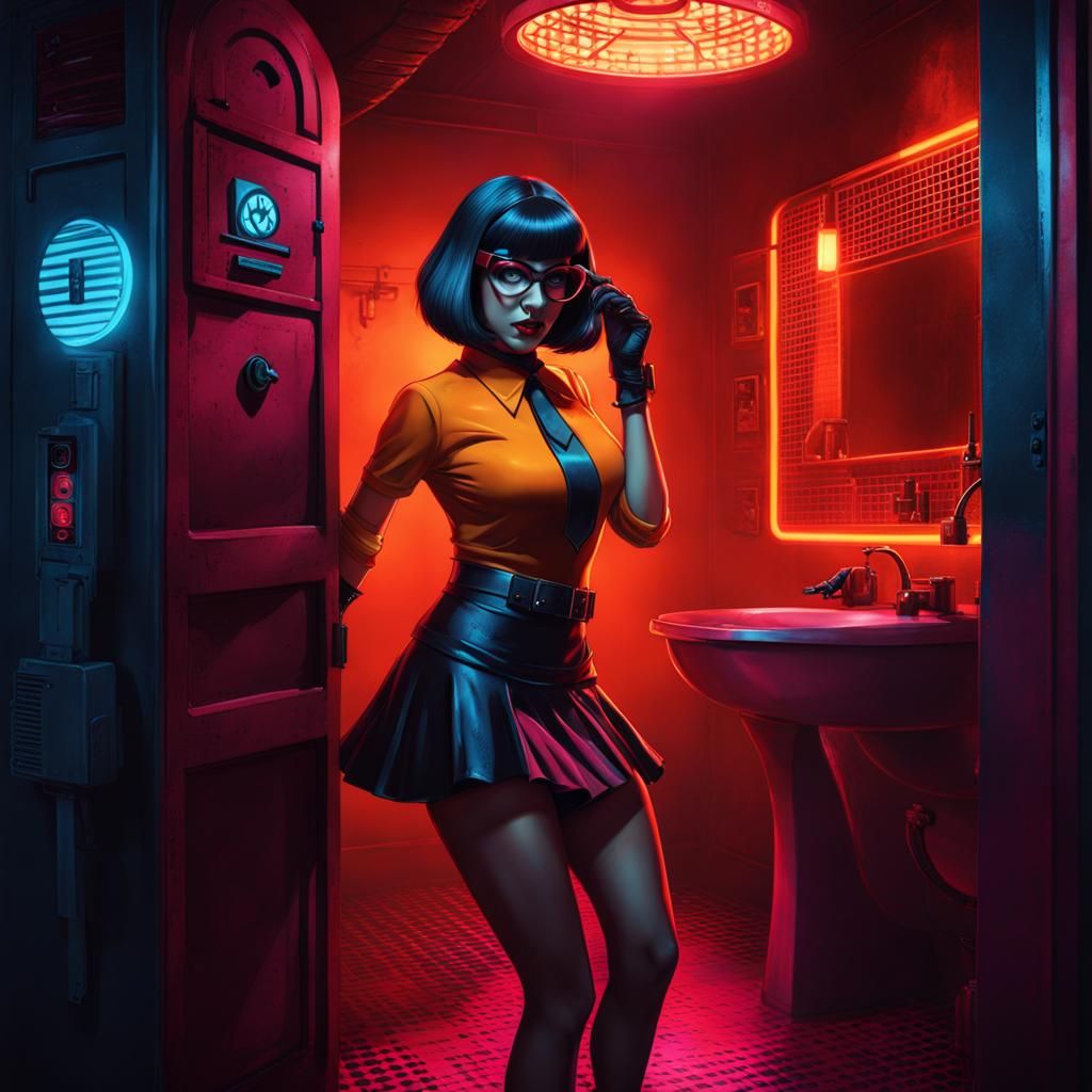 Cyberpunk Velma Pin-Up in Dark Bathroom