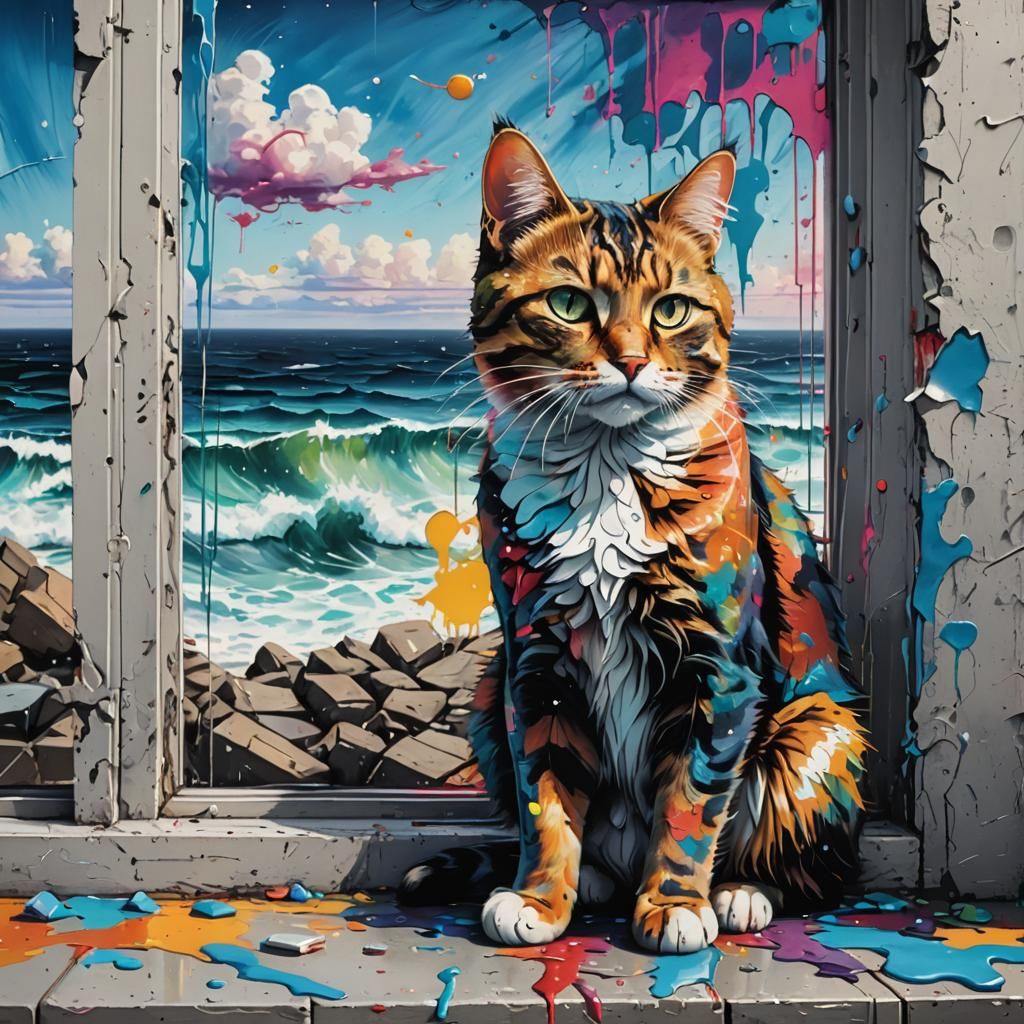 Cat Gazing at Ocean in Graffiti Art Style