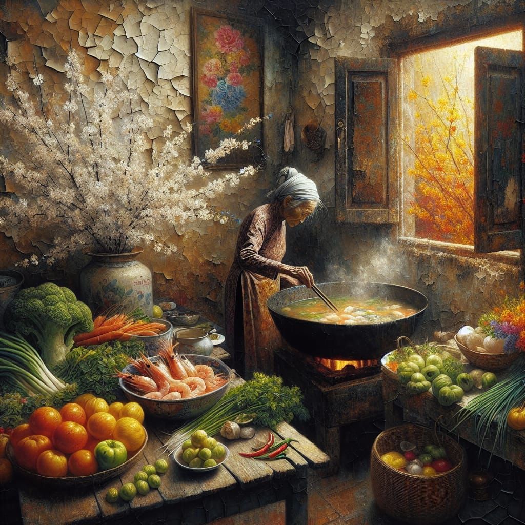 Vietnamese Woman Cooking Shrimp Soup as Oil Painting
