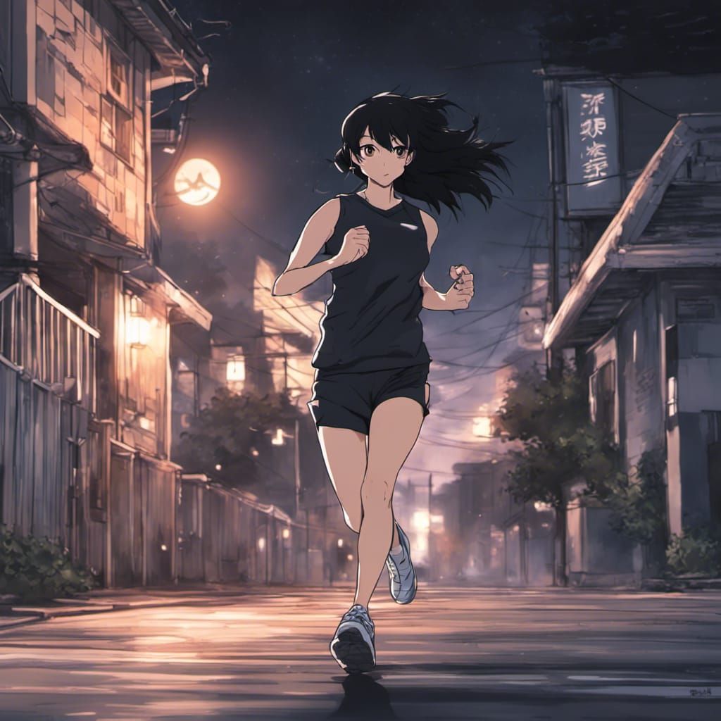 Anime Style: Woman Jogging at Night in 4K