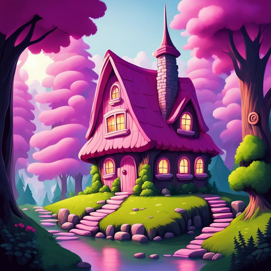 Stylized Pink Cottage in Enchanted Forest