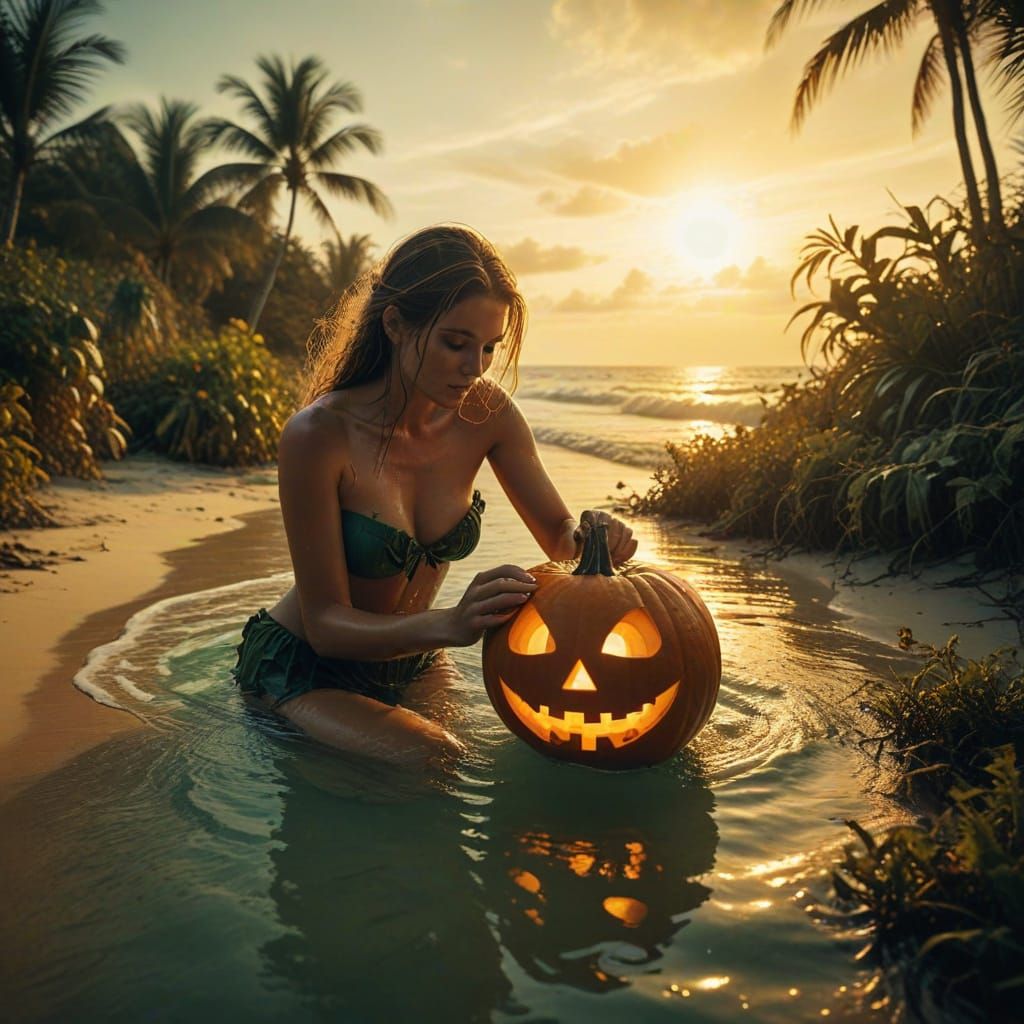 Surreal Halloween Beach Vacation With Pumpkin Carving