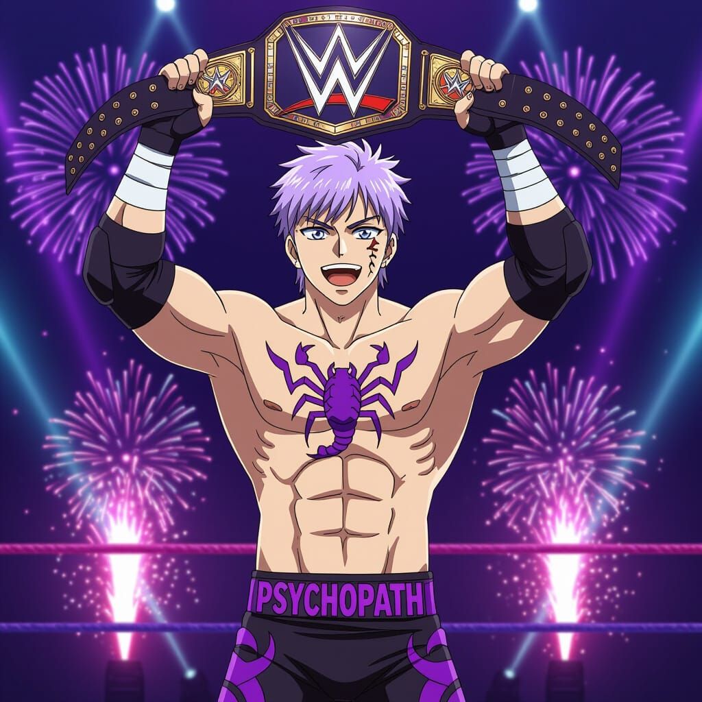 Anime Wrestler with Scorpion Tattoo Holds Championship Belt