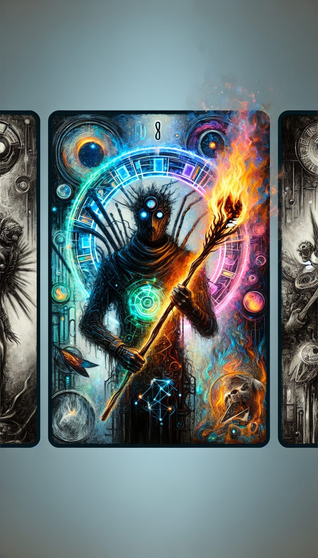 Tarot Card: Neon Burnt Staff in Cyberpunk Steampunk Style