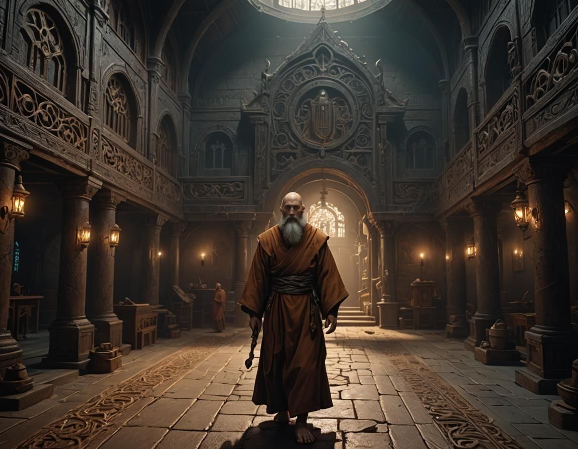 Mysterious Monk Training in Dark Fantasy Monastery