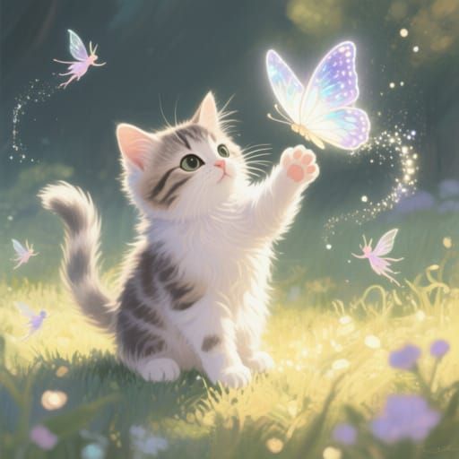 Enchanted Kitten and Butterfly in Gouache Style