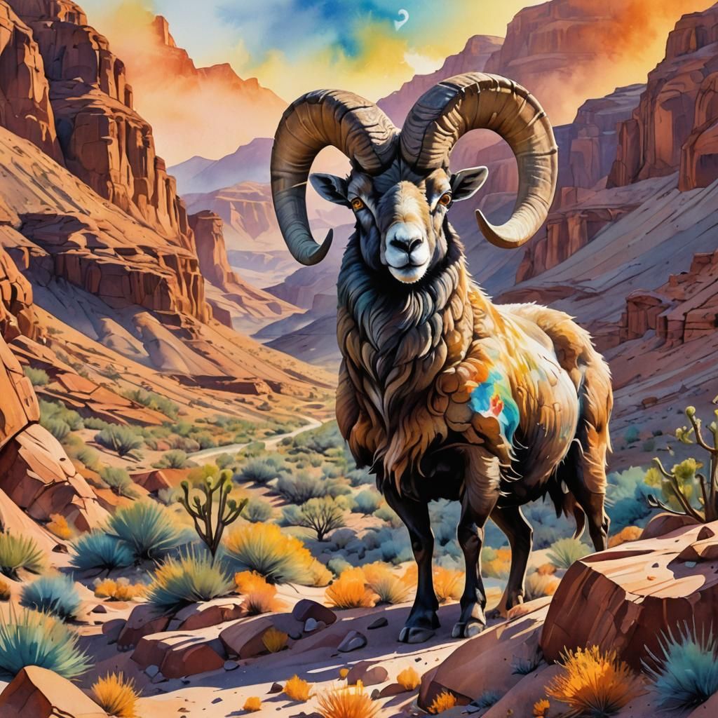 Big Horn Sheep in Desert Canyon: Watercolor Art