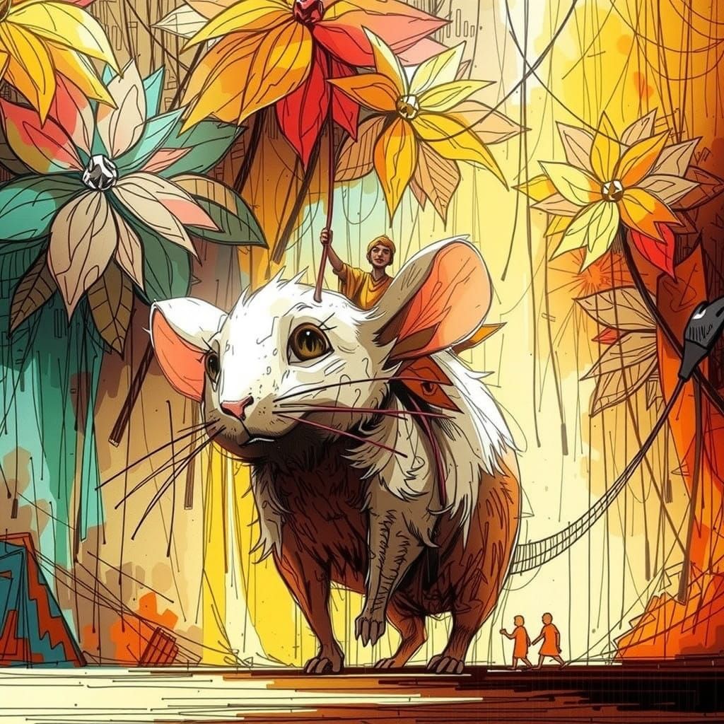 Rough Style Whimsical White Mouse in Vibrant Floral Wonderla...