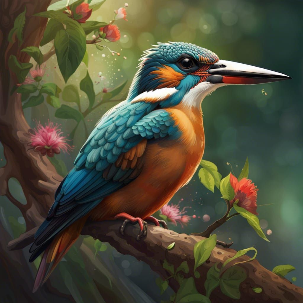Kingfisher Portrait in Forest, Splash Art Style