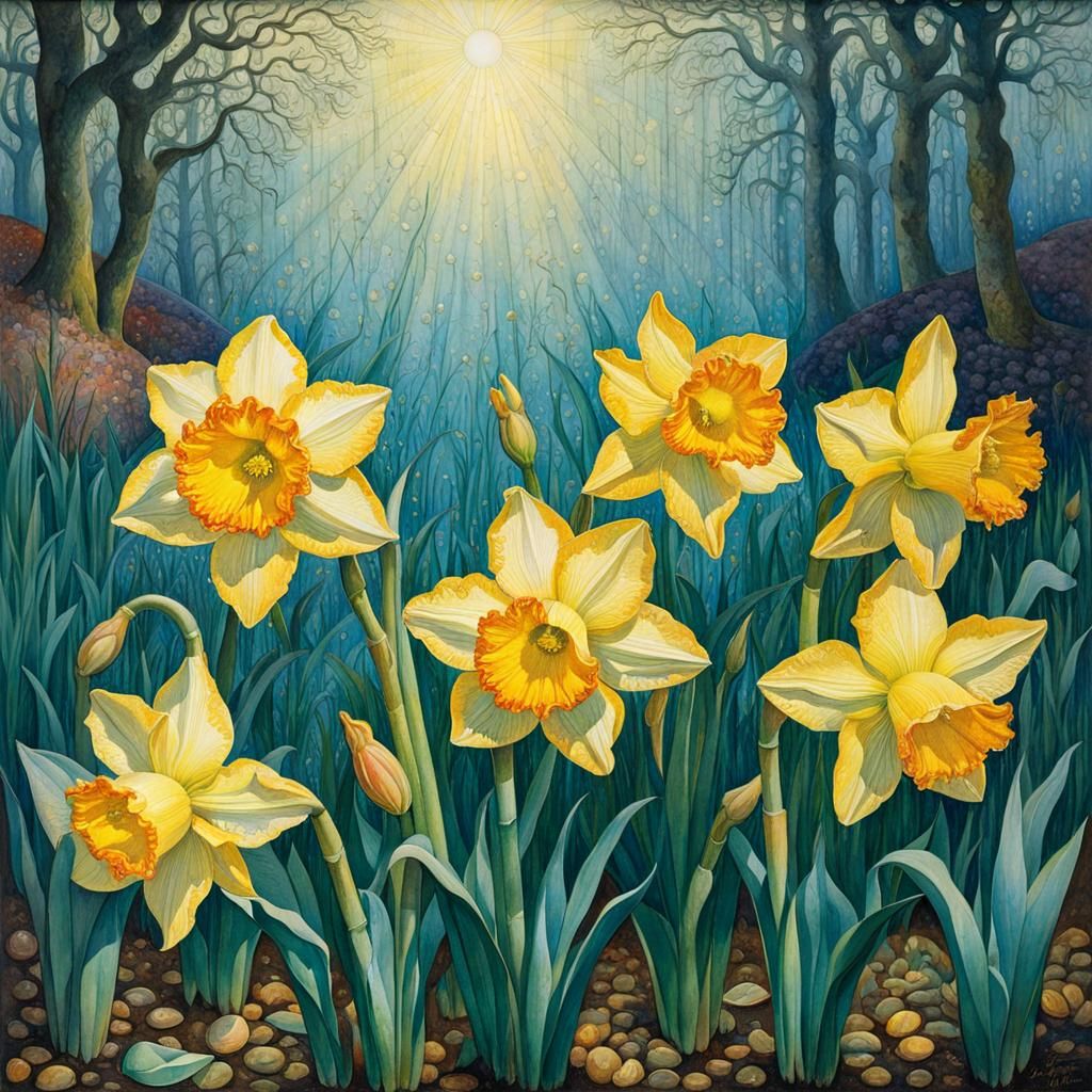Daffodils with Dew Drops in Watercolor Style