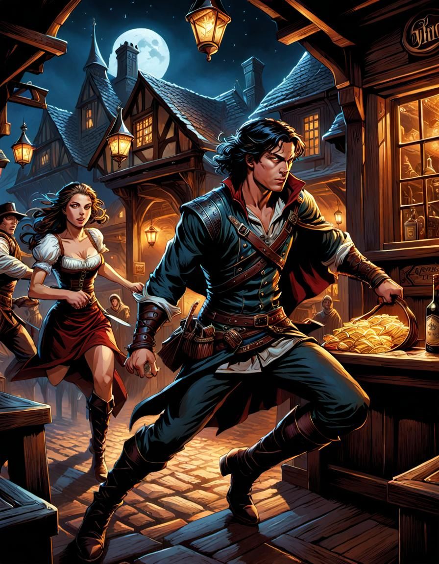 Fantasy Thief Stealing Loot in Tavern, Illustration