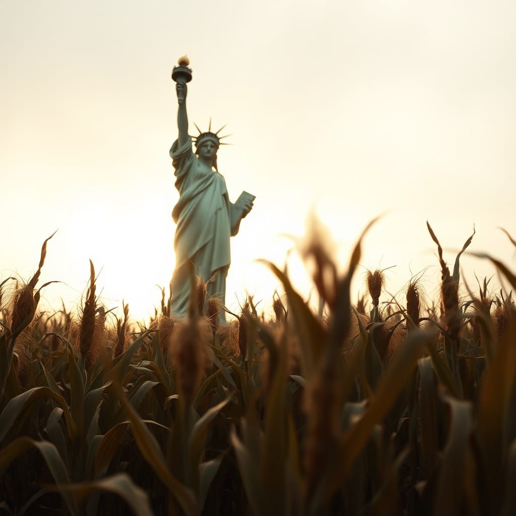 Lady Liberty Lost in a Surreal Cornfield