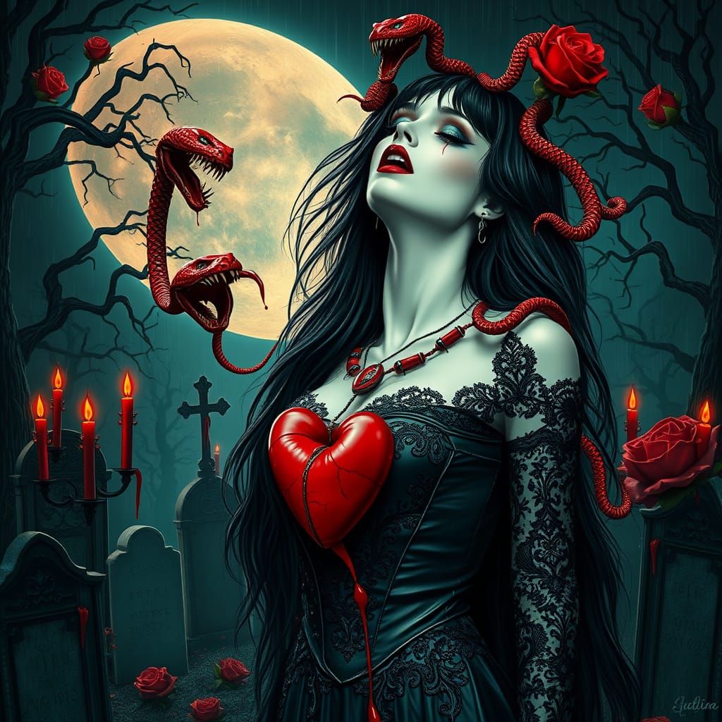 Vampire Goddess Screaming Snakes and Roses in Graveyard