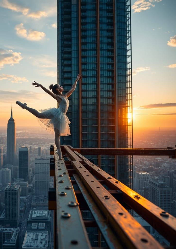 Ballet Dancer on Skyscraper at Sunrise