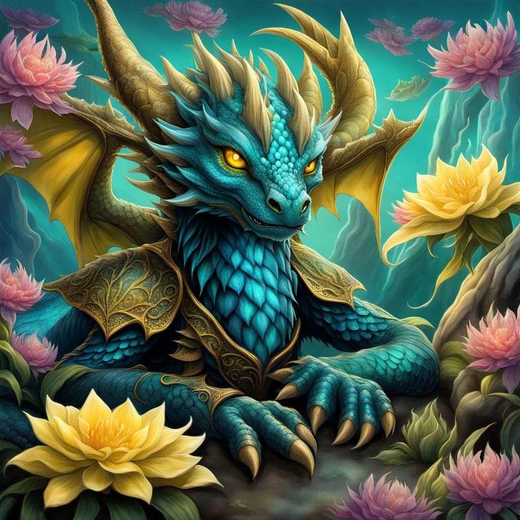 Dragon Halfling with Bioluminescent Spikes in Dark Aqua-scap...