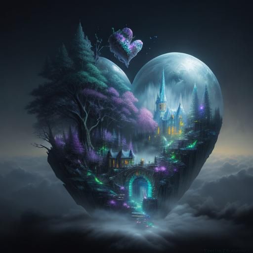 Ethereal Crystal Heart in Fantasy Landscape