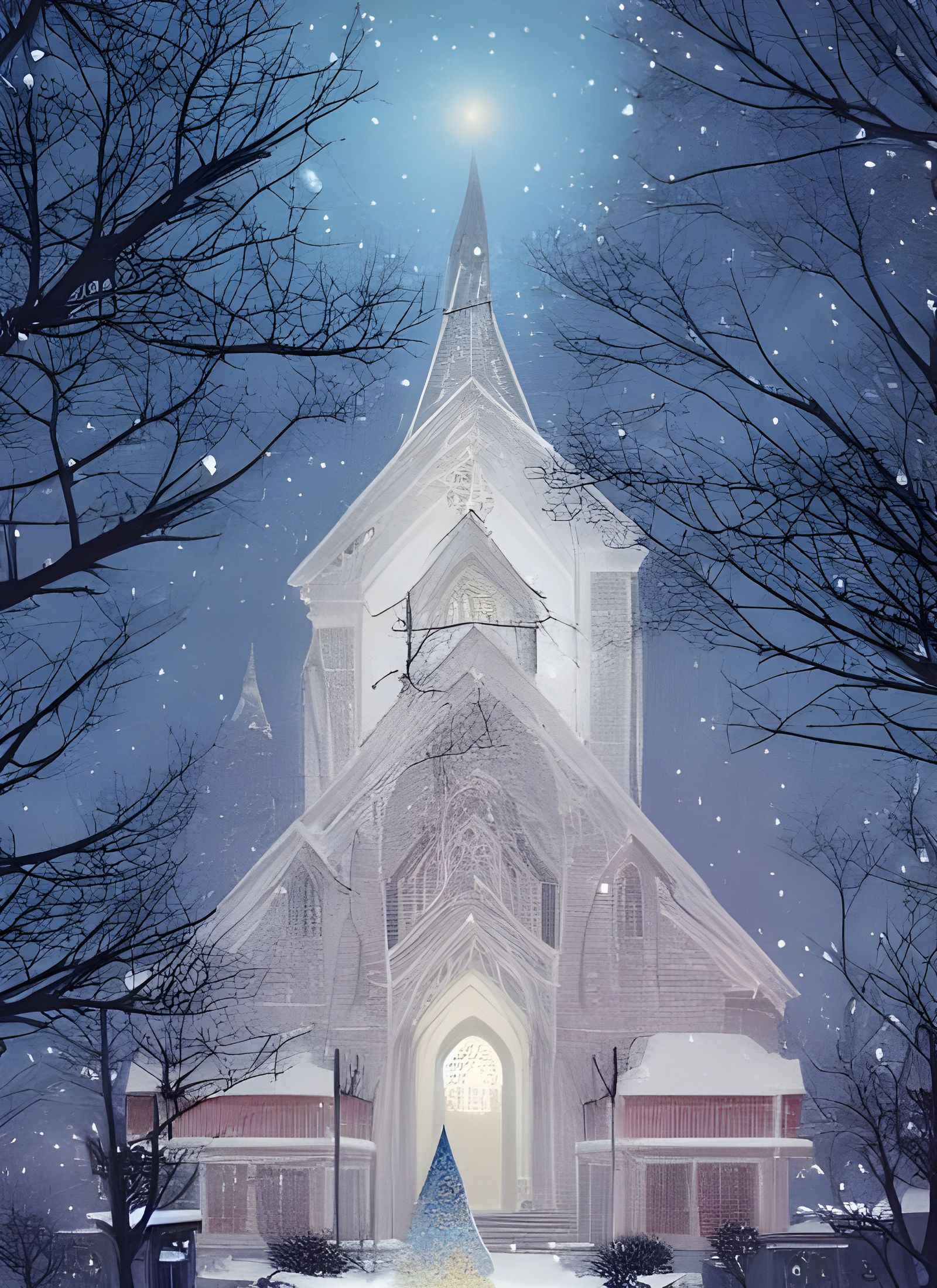 Snowy Christmas Scene with Ghostly Church