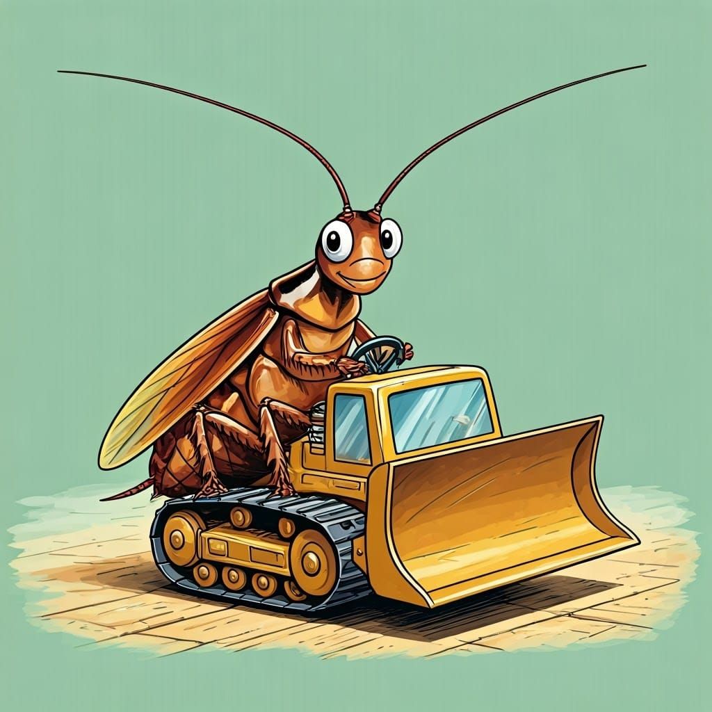 Cockroach Drives Bulldozer in Picture Book Style