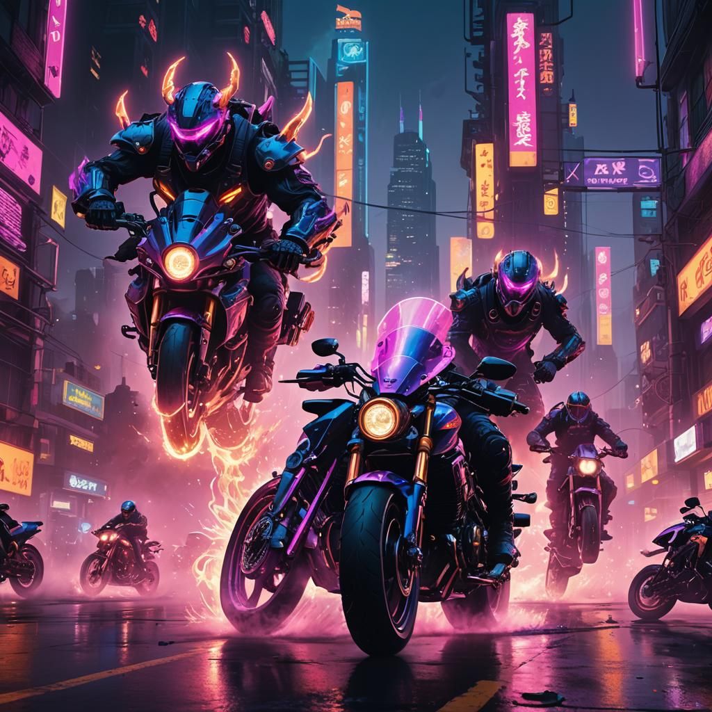 Futuristic Motorcycle Monsters Racing in Neon Cityscape