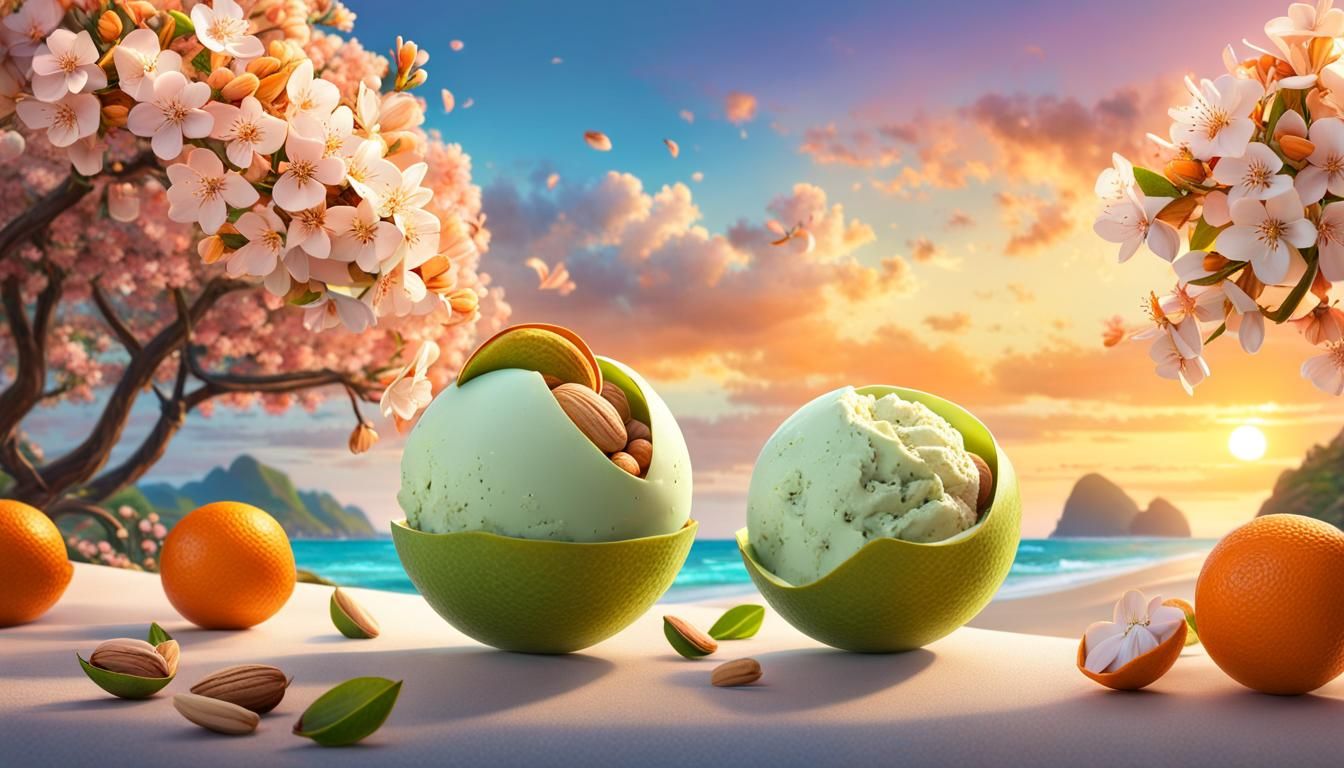 Pistachio Ice Cream in Orange Peel: 3D Digital Art