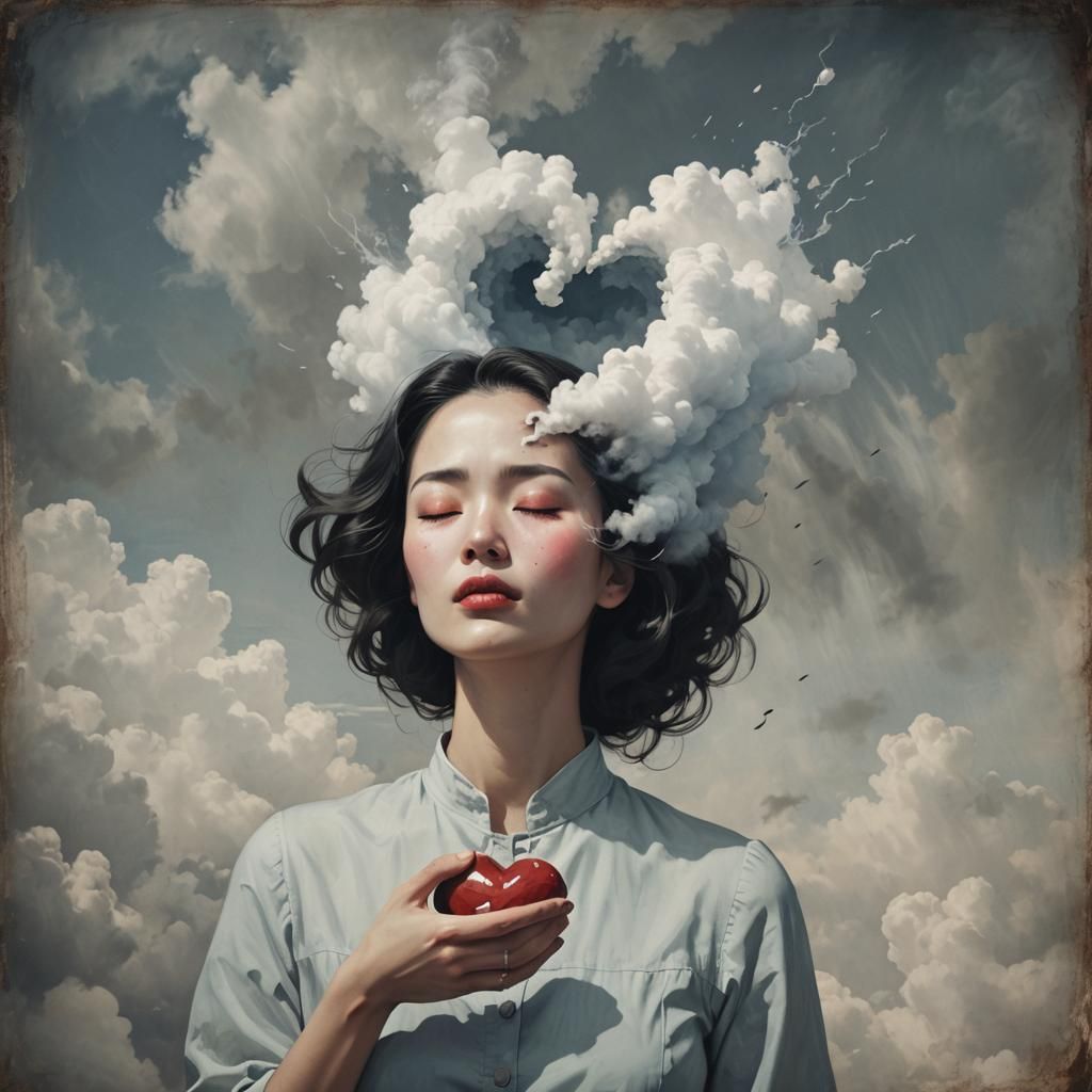 Surreal Woman Eating Heart Under Ominous Cloud