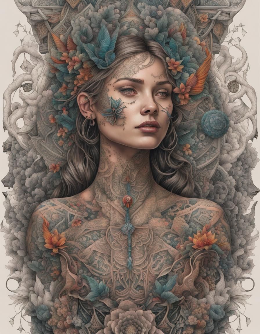 Intricate Tattoo Design Featuring Nature and Mythology