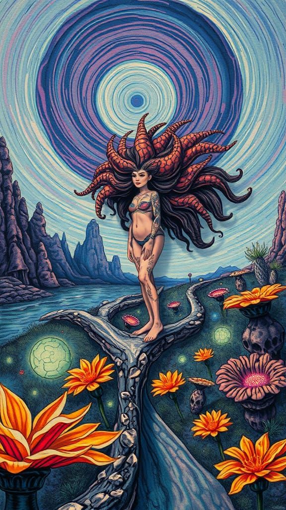 Surreal Tattooed Woman Explores Alien World in Impasto Ink P...