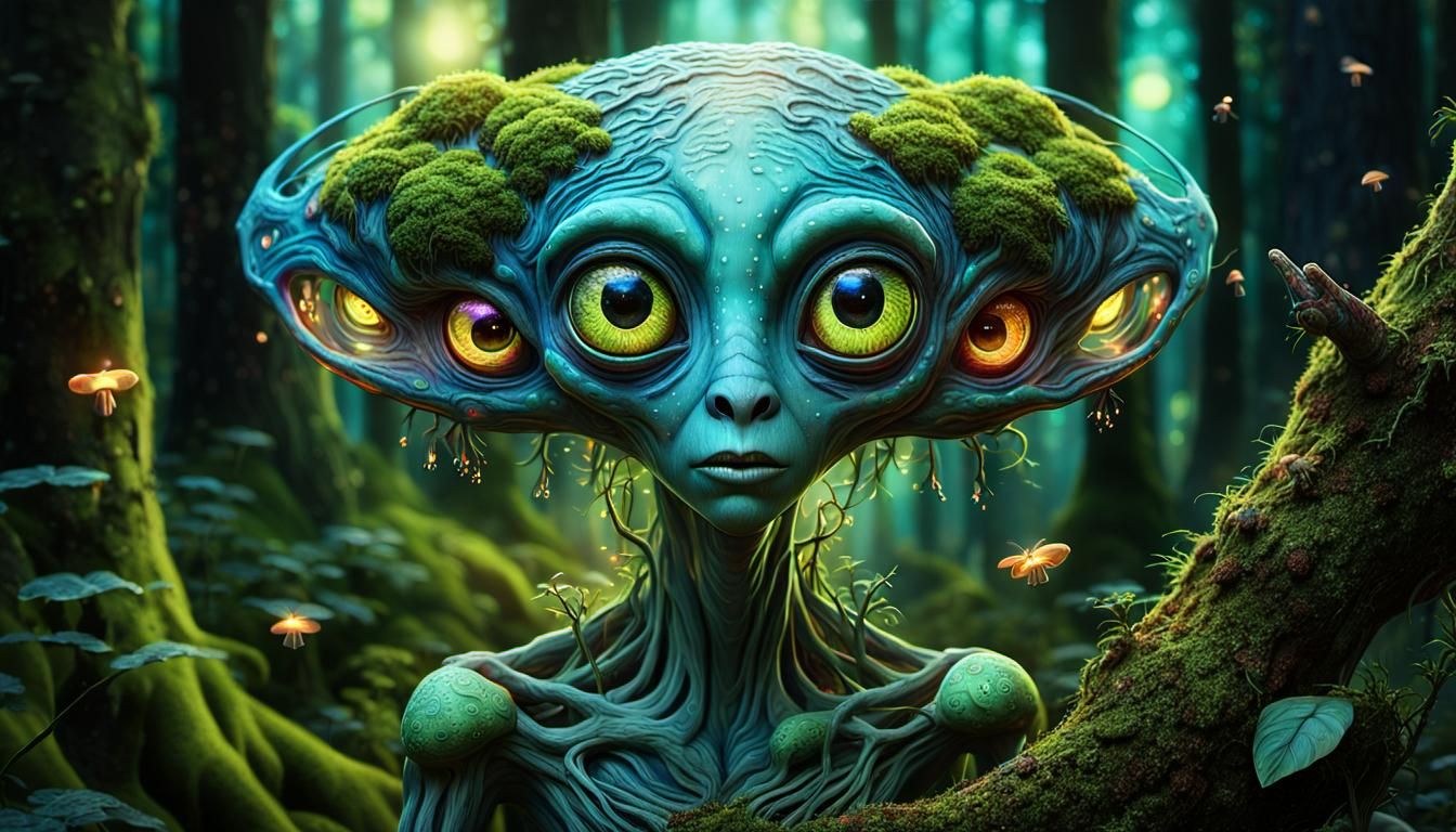 Hyperrealistic Tree Alien Goddess in Lush Forest Landscape