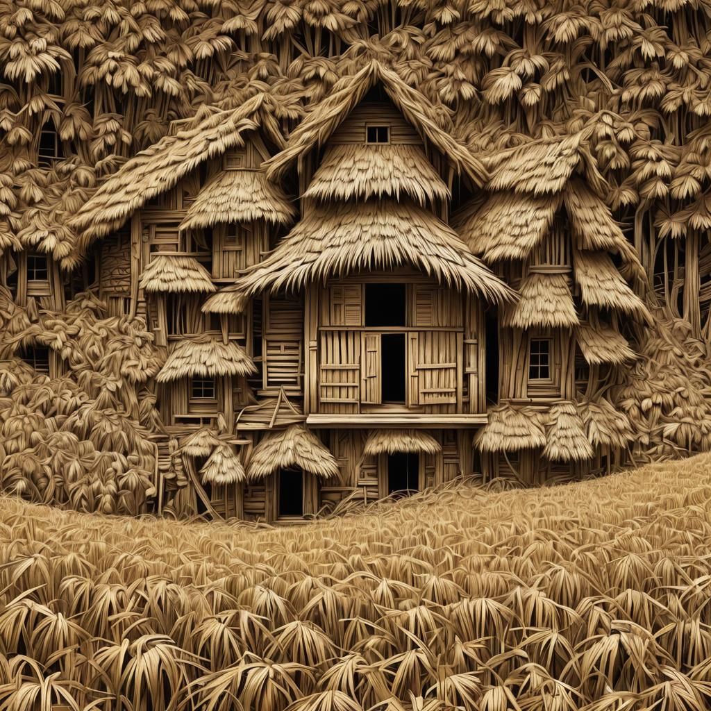 Charming Thatched Granary with Abstract Vector Fractal Desig...