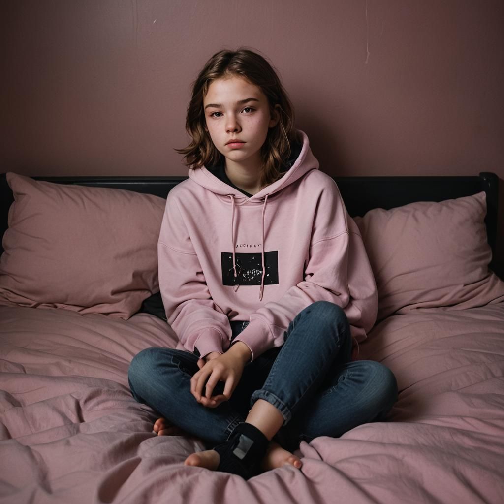 Moody Portrait of Teenager on Pink Bed in Dark Academia Styl...