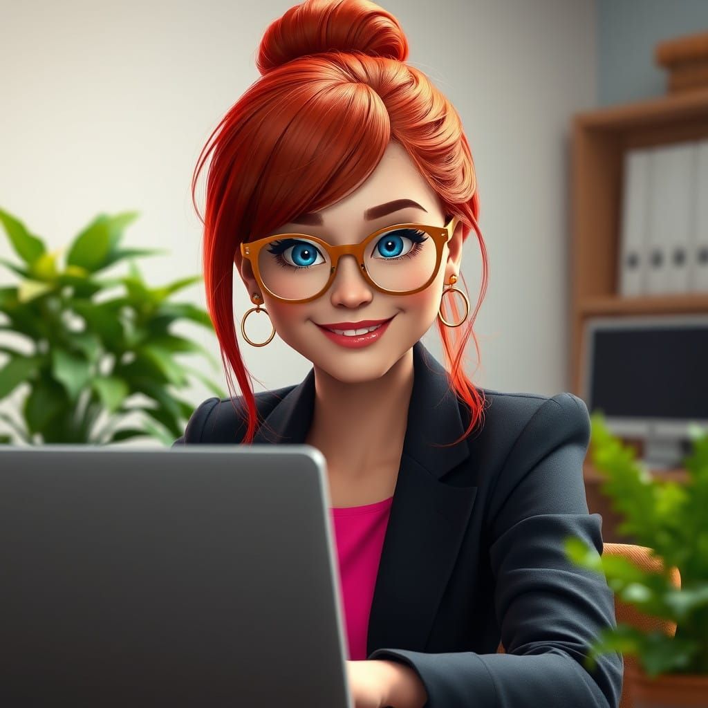 Redheaded Woman in Whimsical Office Setting
