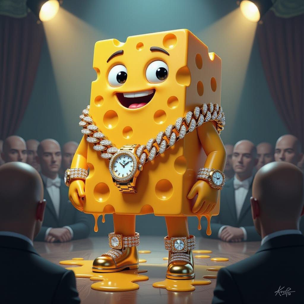 Anthropomorphic Cheese Drips with Gold Chains and Jewels