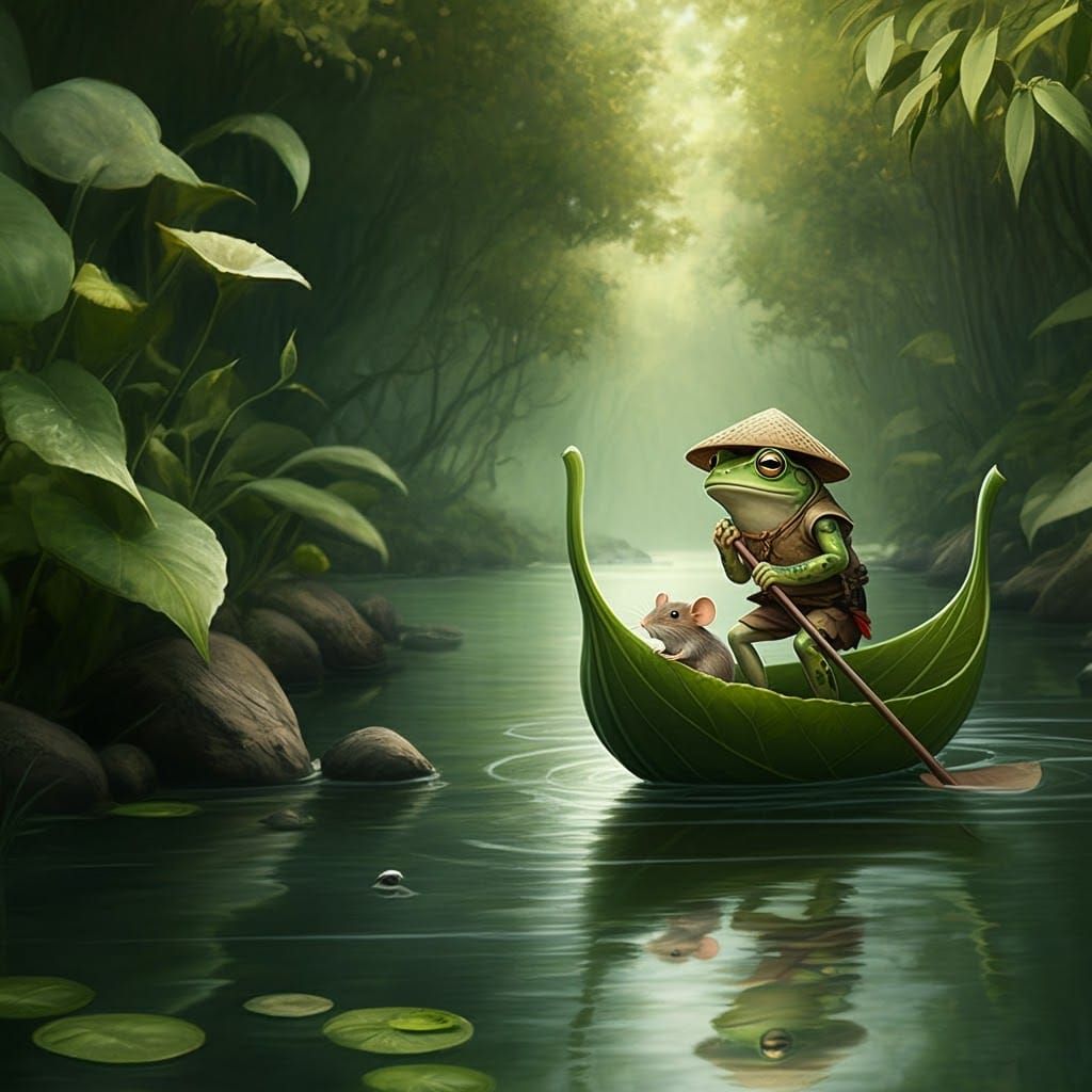 Frog Boatman and Mouse Passenger on Leaf Boat