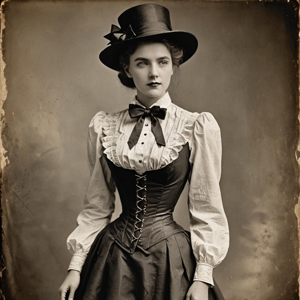 Woman in Blouse, Corset, and Formal Hat