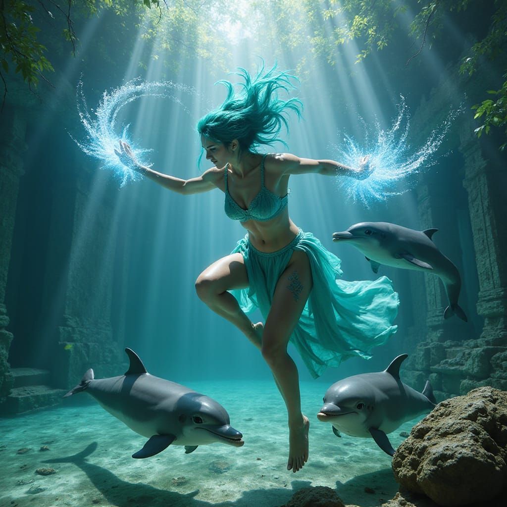 Surreal Aquatic Goddess Battles with Dolphins in Turquoise D...