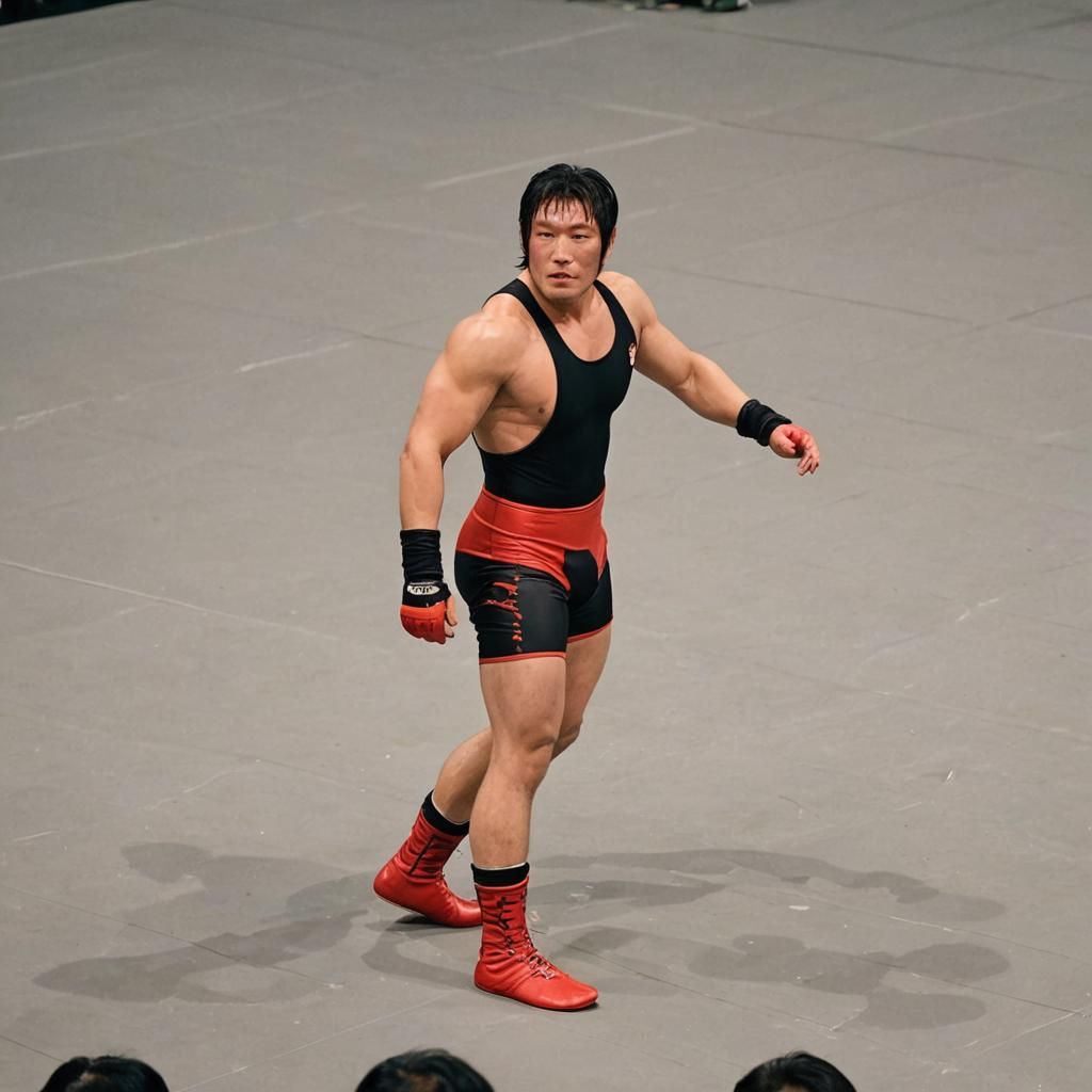 Japanese Wrestler Poses in the Ring