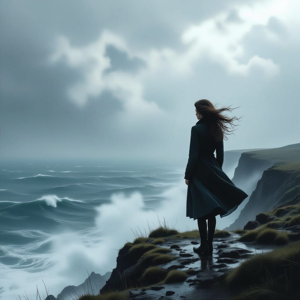 Girl on Cliff Overlooking Stormy Sea in Vintage Photo Style