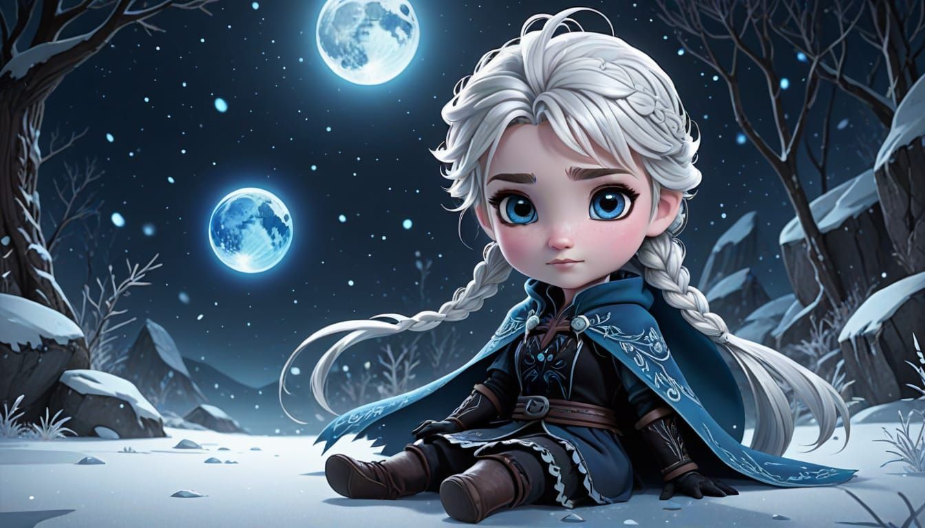 Cerulean Moonlit Anime Chibi in Stunning Ink Drawings