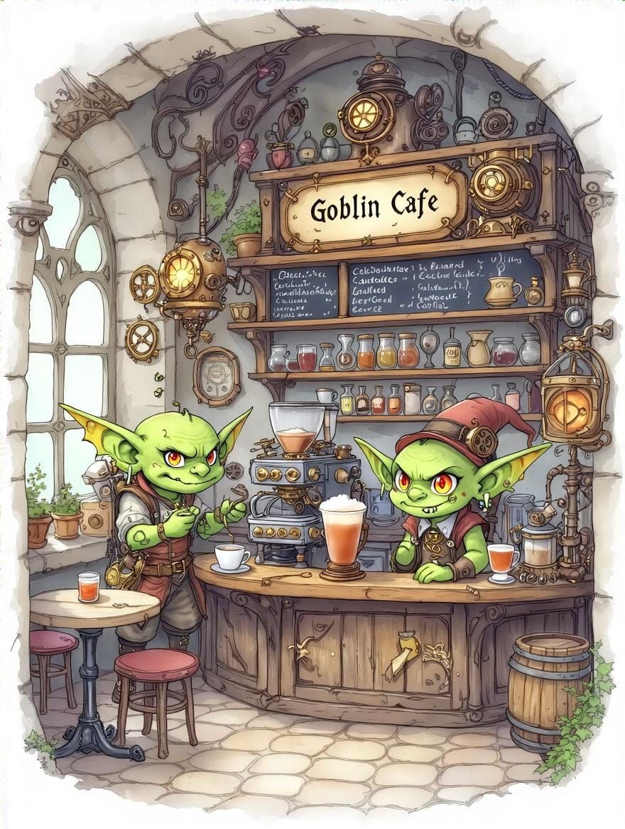 Whimsical Goblin Cafe with Steampunk Flair