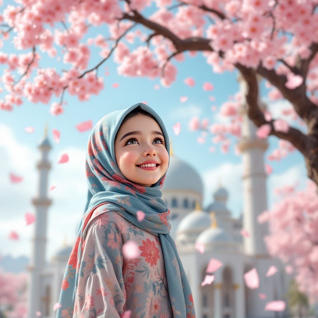 Children Admire Cherry Blossoms Near Mosque