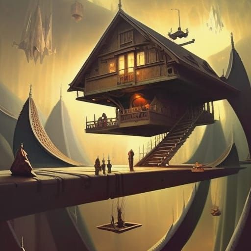 Surreal Floating Wooden House in Dark Fantasy Style