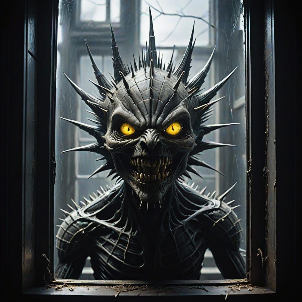 Mysterious, Gray Creature Scratches at Windowpane in Dark, M...