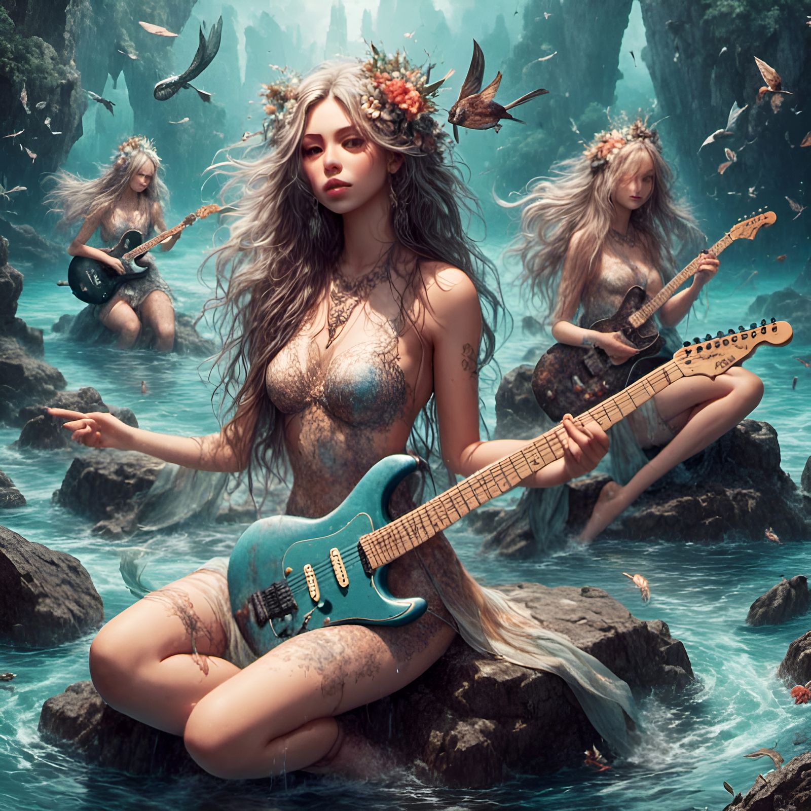 Mermaids Rocking Out With Guitars