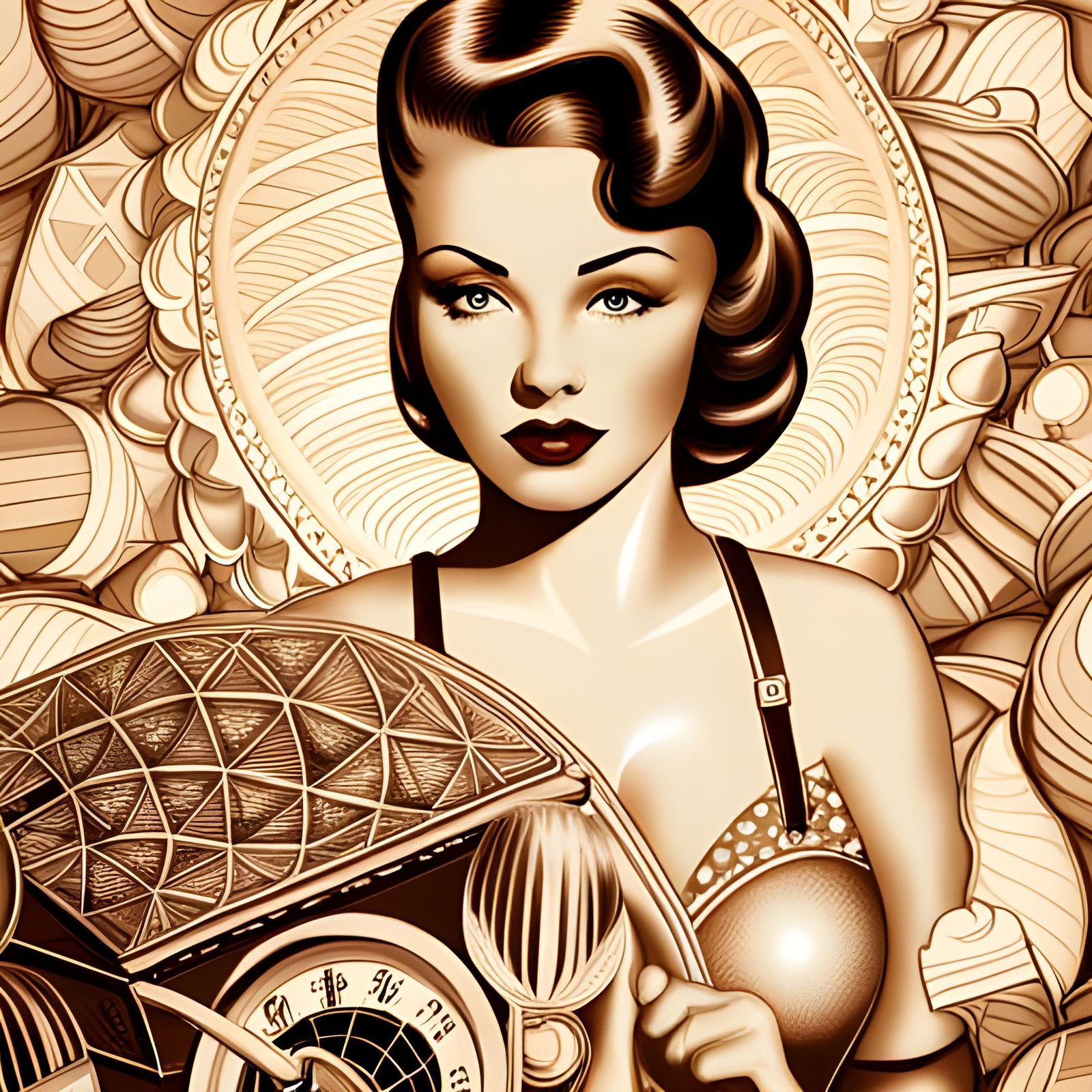 Vintage Pin-Up Girl in 60s Diner, Sepia Tone